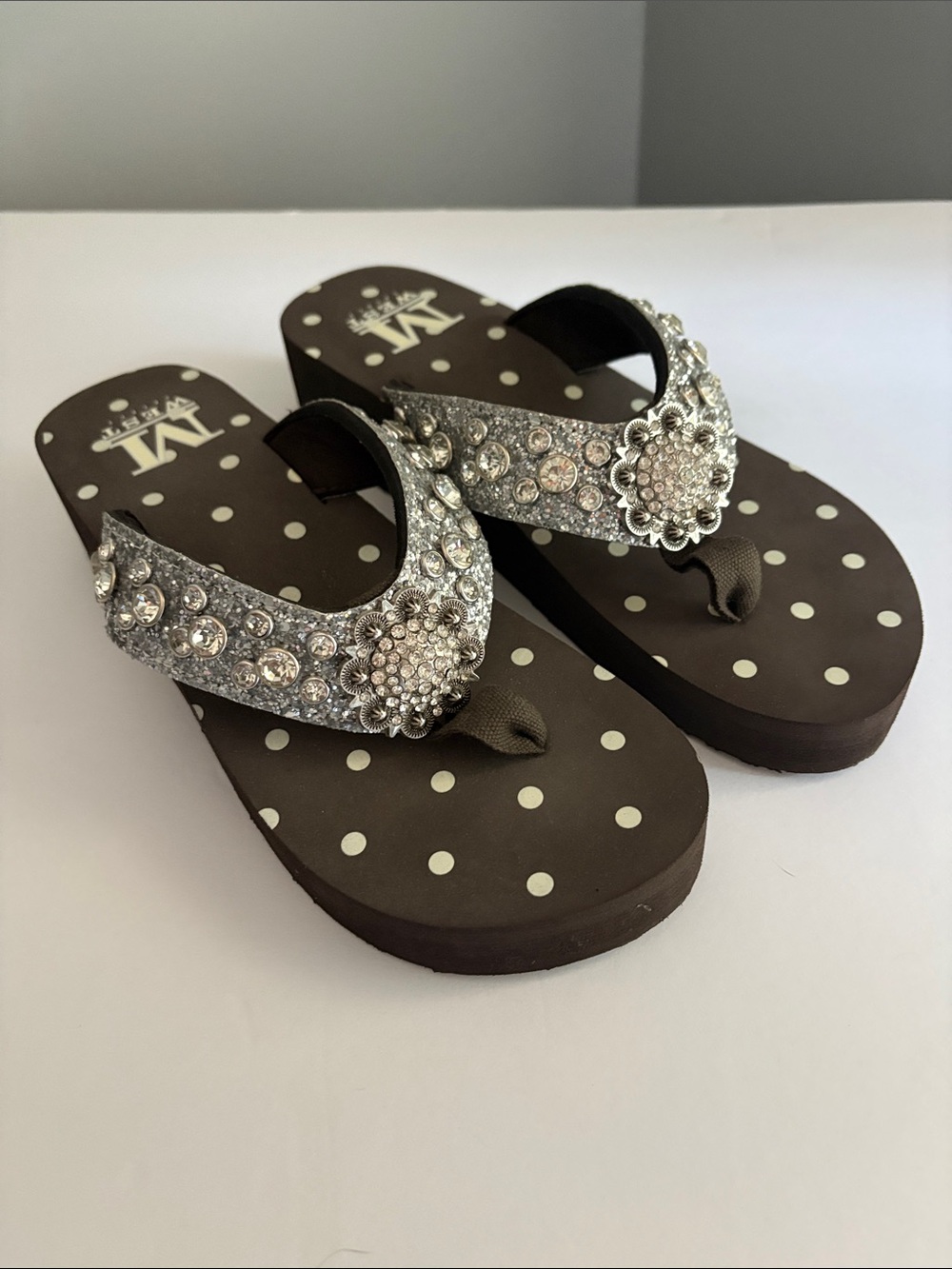 Embellished Polka Dot Flip Flop Sandals - Brown with Silver Rhinestones
